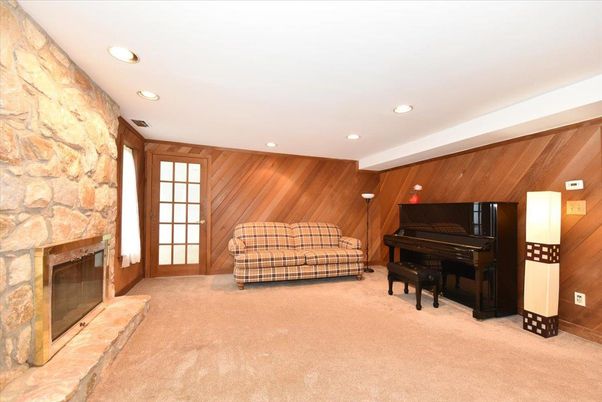 Fireplace, Interior, Piano, Recessed Lighting, Stone Walls, Wooden Walls