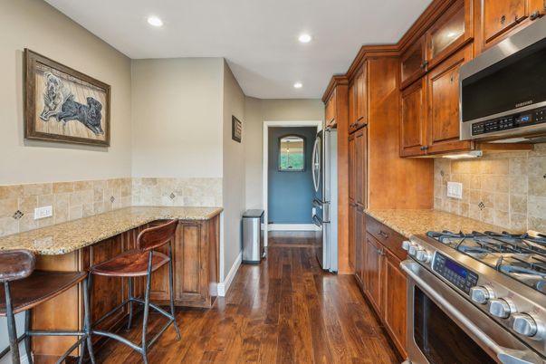 Interior, Kitchen, Recessed Lighting, Stainless Steel Appliances, Wood Texture Flooring