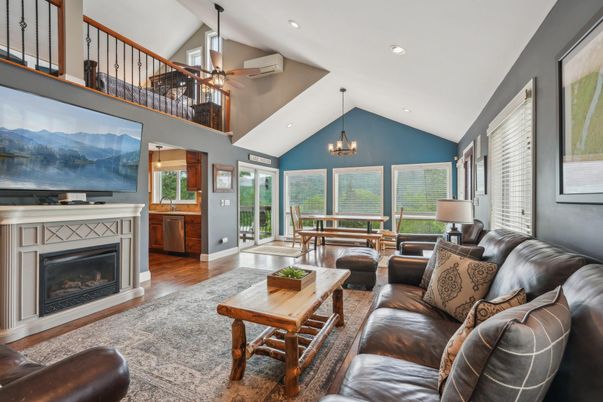 Chandelier, Dining room, Fireplace, Interior, Living room, Recessed Lighting, Wood Texture Flooring