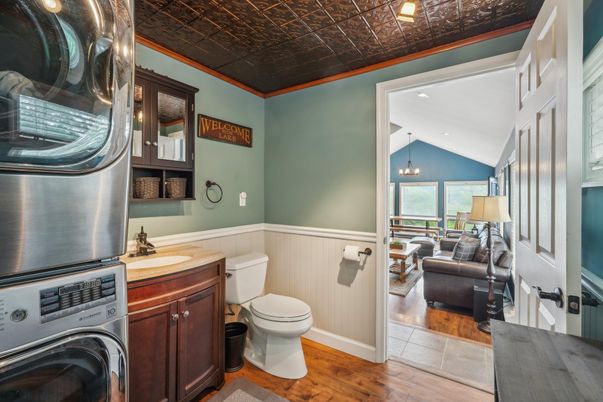 Bathroom, Chandelier, Dining room, Interior, Wood Texture Flooring