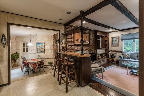 Dining room, Interior, Pendant Lights, Recessed Lighting, Stone Walls, Wooden Beams