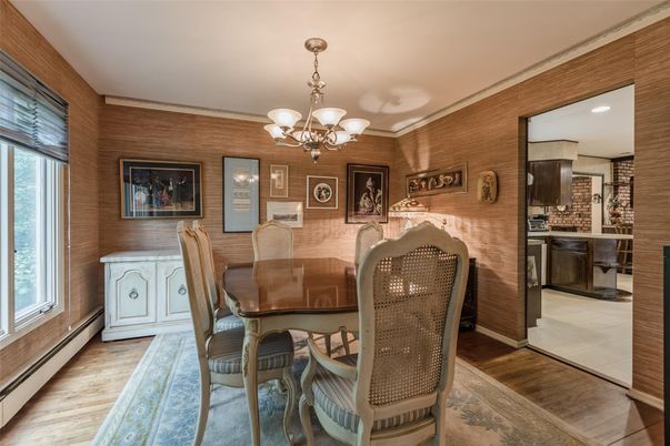 Chandelier, Dining room, Interior, Recessed Lighting, Wood Texture Flooring