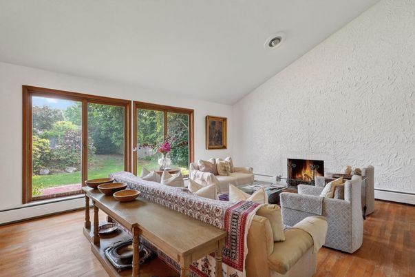 Fireplace, Interior, Living room, Recessed Lighting, Wood Texture Flooring