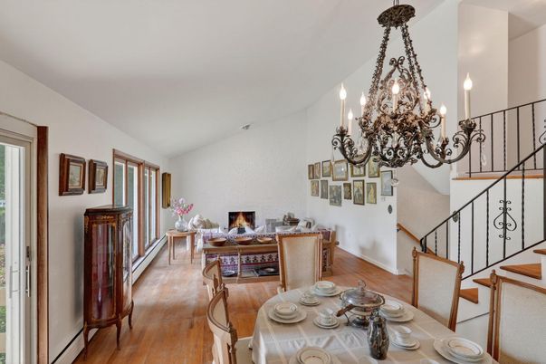 Chandelier, Dining room, Fireplace, Interior, Wood Texture Flooring