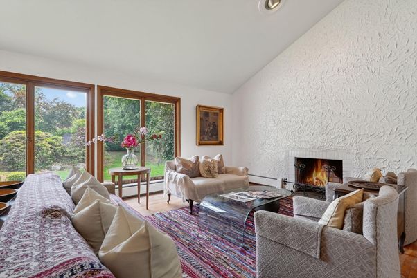 Fireplace, Interior, Living room, Recessed Lighting, Stone Walls