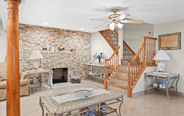 Fireplace, Interior, Recessed Lighting, Stone Walls