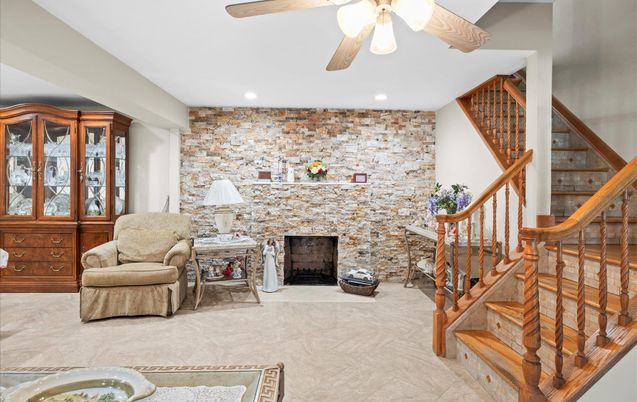 Fireplace, Interior, Recessed Lighting, Stone Walls