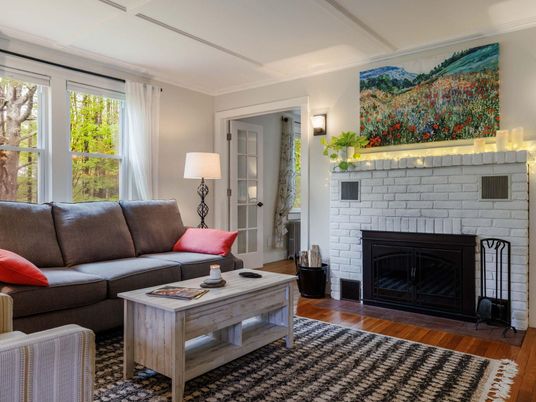 Fireplace, Interior, Living room, Stone Walls, Wood Texture Flooring