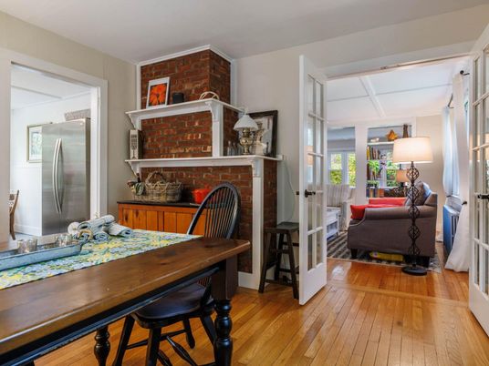 Fireplace, Interior, Kitchen, Stainless Steel Appliances, Stone Walls, Wood Texture Flooring