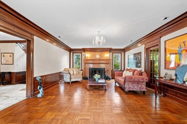 Chandelier, Fireplace, Interior, Living room, Marble, Recessed Lighting, Wood Texture Flooring