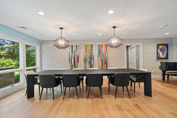 Dining room, Interior, Pendant Lights, Piano, Recessed Lighting, Wood Texture Flooring