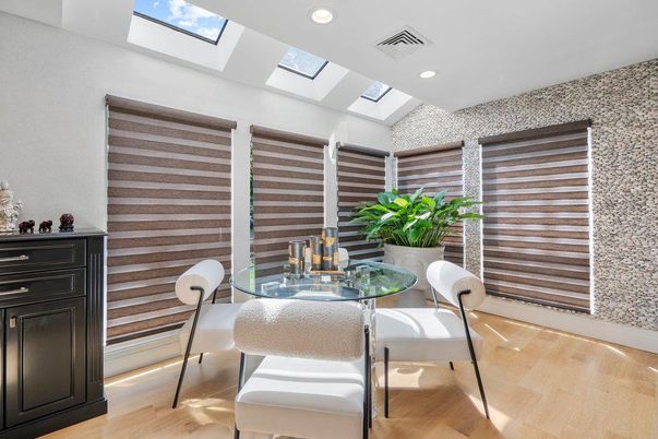 Dining room, Glass Ceilings, Interior, Recessed Lighting, Wood Texture Flooring