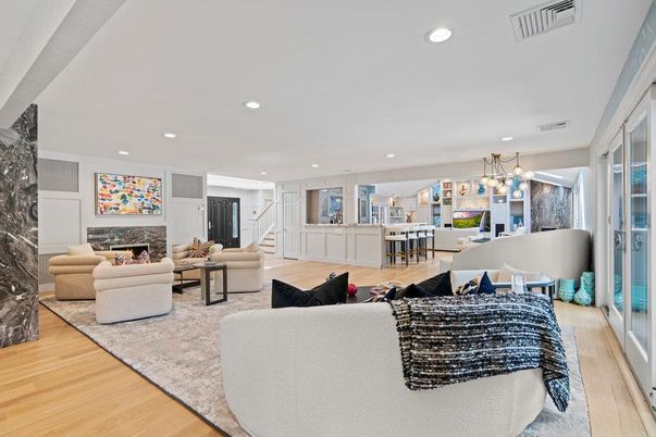 Dining room, Fireplace, Interior, Living room, Pendant Lights, Recessed Lighting, Wood Texture Flooring