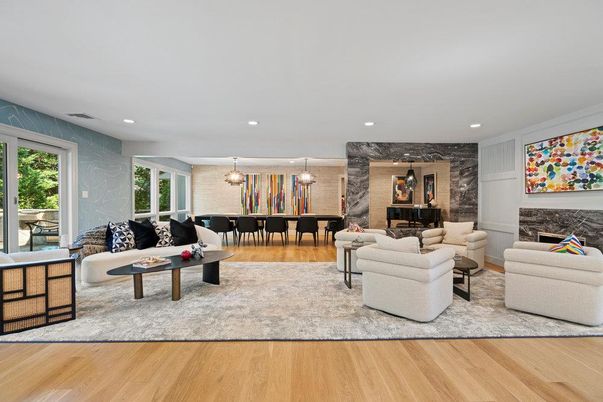 Dining room, Fireplace, Interior, Living room, Pendant Lights, Recessed Lighting, Stone Walls, Wood Texture Flooring