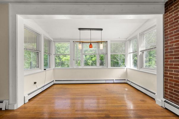 Empty room, Interior, Pendant Lights, Stone Walls, Sun Room, Wood Texture Flooring