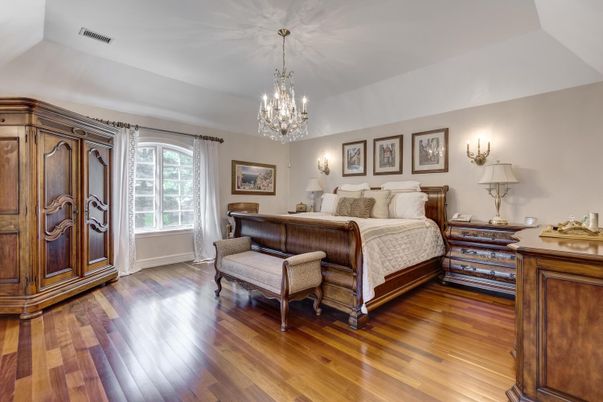 Bedroom, Chandelier, Interior, Wood Texture Flooring