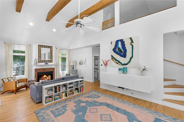 Fireplace, Interior, Living room, Recessed Lighting, Wooden Beams, Wood Texture Flooring