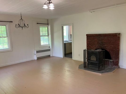 Empty room, Fireplace, Interior, Stone Walls, Wood Texture Flooring