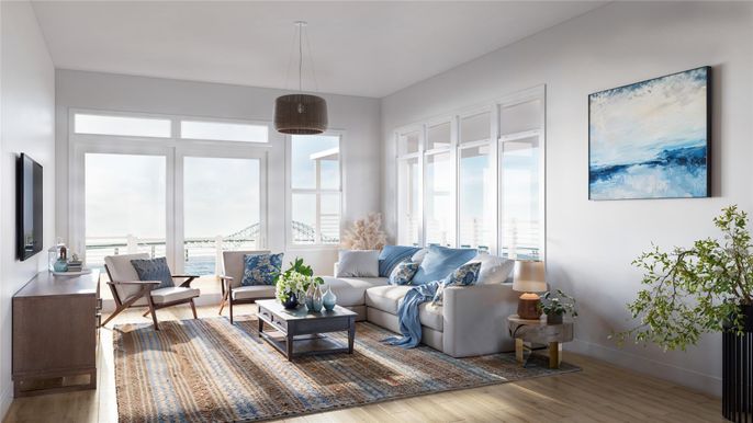 Interior, Living room, Pendant Lights, Water, Wood Texture Flooring