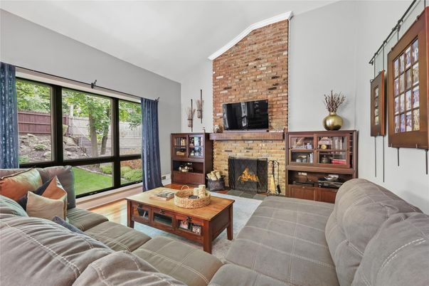 Fireplace, Interior, Living room, Stone Walls, Wood Texture Flooring