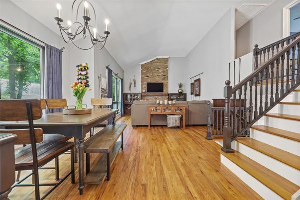 Chandelier, Dining room, Interior, Living room, Stone Walls, Wood Texture Flooring