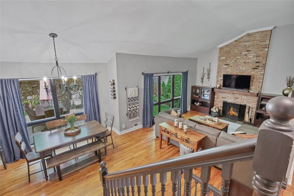 Dining room, Fireplace, Interior, Living room, Stone Walls, Wood Texture Flooring