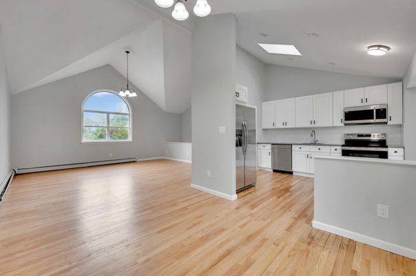 Chandelier, Interior, Kitchen, Pendant Lights, Stainless Steel Appliances, Wood Texture Flooring