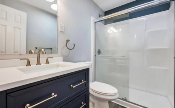 Bathroom, Glass Shower, Interior, Recessed Lighting, Wood Texture Flooring