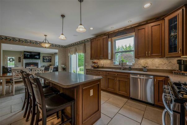 Dining room, Fireplace, Interior, Kitchen, Pendant Lights, Recessed Lighting, Stainless Steel Appliances