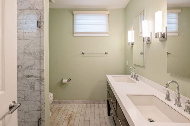 Bathroom, Dual Sink Vanities, Interior, Marble Walls, Wood Texture Flooring