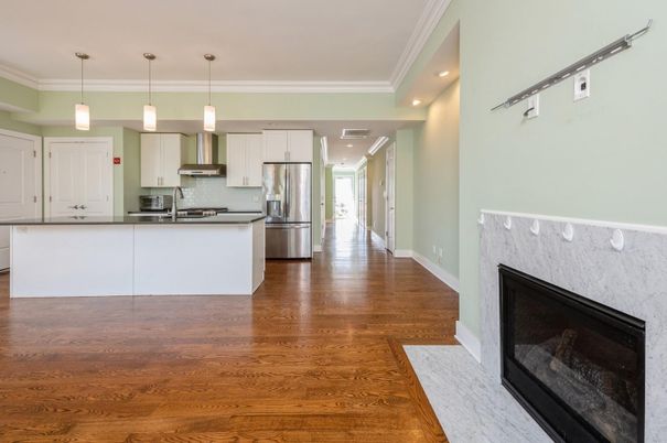 Fireplace, Interior, Kitchen, Pendant Lights, Recessed Lighting, Stainless Steel Appliances, Wood Texture Flooring