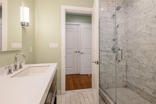 Bathroom, Glass Shower, Interior, Marble Walls, Wood Texture Flooring