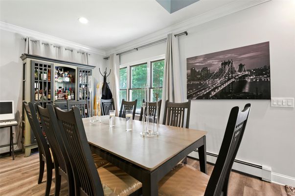 Dining room, Interior, Recessed Lighting, Wood Texture Flooring