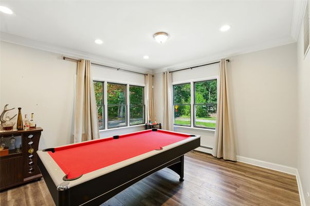 Billiard Table, Game Room, Interior, Recessed Lighting, Wood Texture Flooring