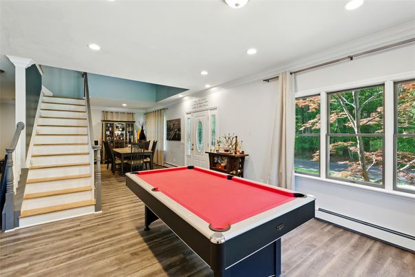 Billiard Table, Dining room, Game Room, Interior, Recessed Lighting, Wood Texture Flooring