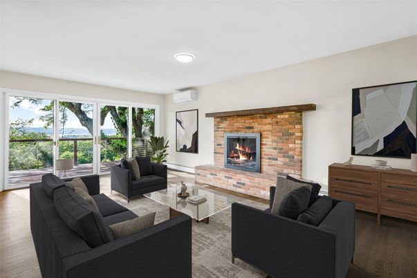 Fireplace, Interior, Living room, Recessed Lighting, Stone Walls, Wood Texture Flooring