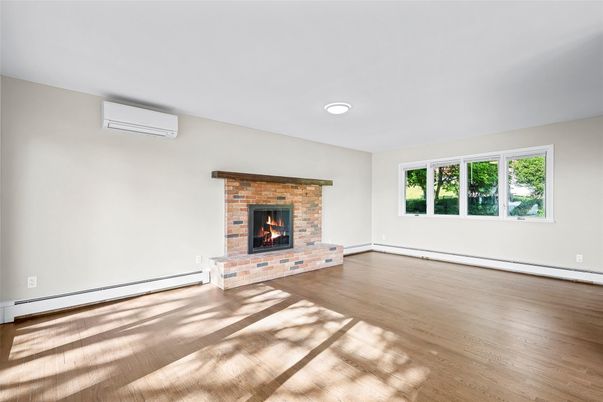 Empty room, Fireplace, Interior, Recessed Lighting, Wood Texture Flooring