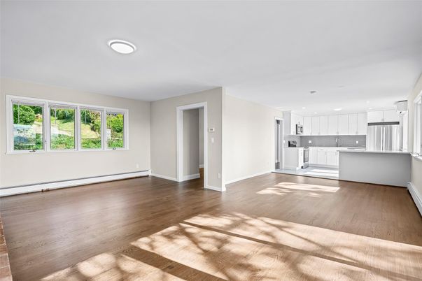 Empty room, Interior, Kitchen, Pendant Lights, Recessed Lighting, Wood Texture Flooring