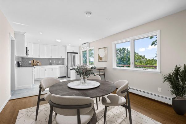 Dining room, Interior, Kitchen, Recessed Lighting, Stainless Steel Appliances, Wood Texture Flooring