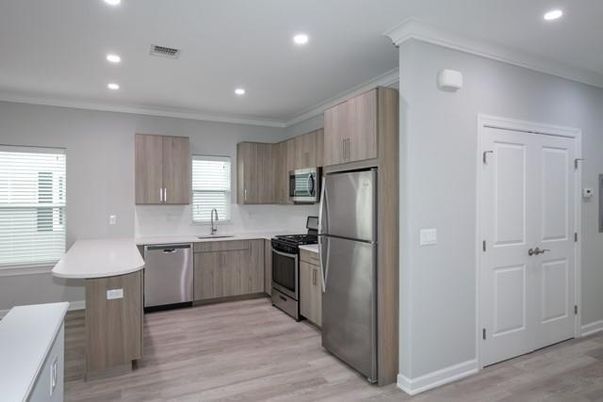 Interior, Kitchen, Recessed Lighting, Stainless Steel Appliances, Wood Texture Flooring