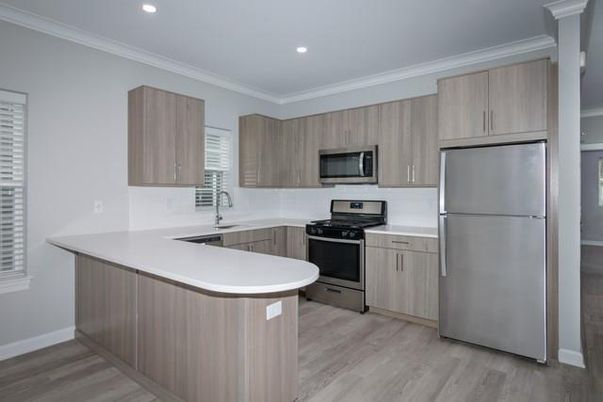 Interior, Kitchen, Recessed Lighting, Stainless Steel Appliances, Wood Texture Flooring