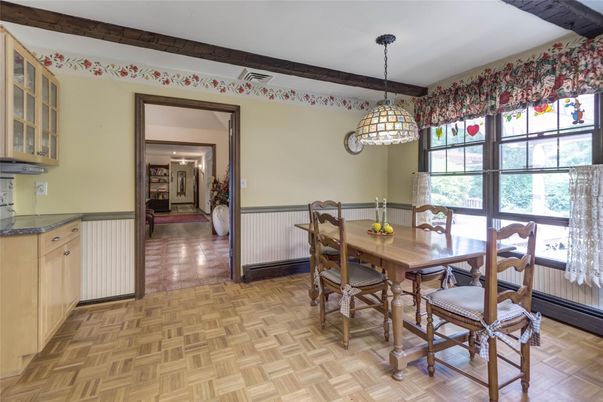 Dining room, Interior, Pendant Lights, Wood Texture Flooring