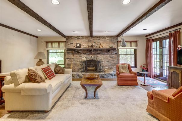 Fireplace, Interior, Living room, Pendant Lights, Recessed Lighting, Stone Walls, Wooden Beams