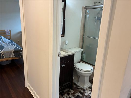 Bathroom, Bedroom, Glass Shower, Interior, Wood Texture Flooring