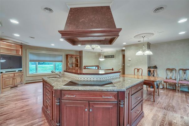 Dining room, Interior, Pendant Lights, Recessed Lighting, Wood Texture Flooring