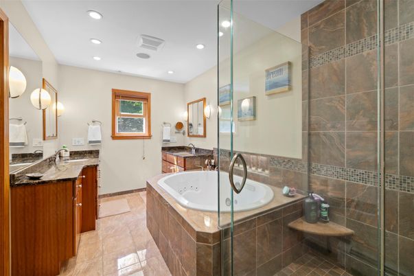 Bathroom, Dual Sink Vanities, Glass Shower, Interior, Recessed Lighting