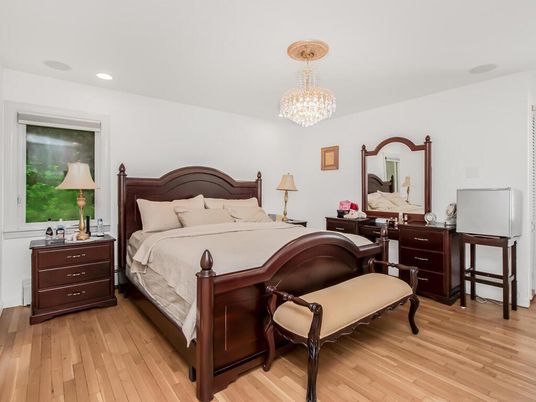 Bedroom, Chandelier, Interior, Recessed Lighting, Wood Texture Flooring