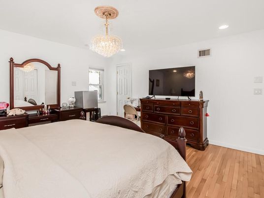 Bedroom, Chandelier, Interior, Recessed Lighting, Wood Texture Flooring