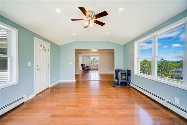 Empty room, Fireplace, Interior, Recessed Lighting, Wood Texture Flooring