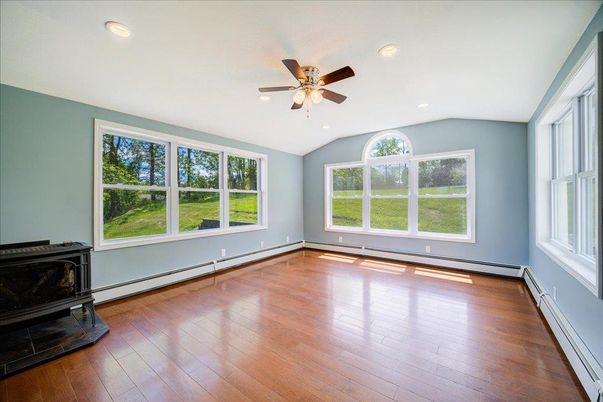 Empty room, Fireplace, Interior, Recessed Lighting, Wood Texture Flooring